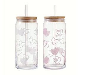 lot 2242 image: Mainstays Glass 20 oz Can Sipper Pink and White Heart, 2 Pack&nbsp