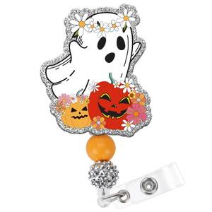 lot 7109 image: Obookey Nurse Badge Reel Retractable Holder Cute ID Badge Holder with Alligator Clip Beads, Office Card Reels Nursing Gifts (Pumpkin Ghost) 5 Pack&nbsp