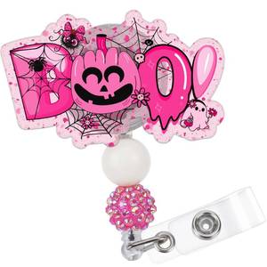 lot 9095 image: 3 Count of Obookey Nurse Badge Reel Retractable Holder Cute ID Badge Holder with Alligator Clip Beads, Office Card Reels Nursing Gifts (Pink Boo Pumpkin)&nbsp