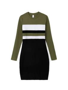 lot 9110 image: PATPAT Family Matching Outfits Fall Winter Cotton Rib Knit Long Sleeve Bodycon Dresses and Sweatshirts Tops Sets Green Women L&nbsp