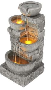 lot 16641 image: Teamson Home 33.25 in. Cascading Bowls and Stacked Stones LED Outdoor Water Fountain for Gardens, Landscaping, Patios, Balconies, and Lawns for a Calming Oasis in Outdoor Living Spaces, Stone Gray - Retail $159