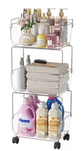 lot 31865 image: Delamu 3 Tier Utility Cart Organizer with Wheels, Mobile Storage Rolling Carts for Bathroom, Kitchen, Snack, Craft, Makeup Organization, Acrylic Clear&nbsp