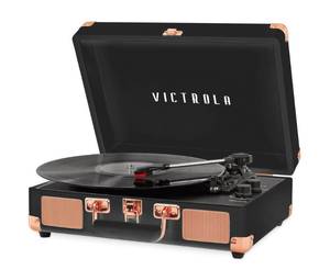 lot 31872 image: Victrola Journey Bluetooth Portable Suitcase Record Player with Built-in Speakers, 3 Speed Vinyl Record Player, RCA Out, Headphone Jack (Black Rose Gold) - Retail $70