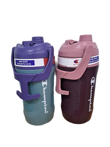 lot 31894 image: Champion 40 oz Leak-Proof Water Bottle with Fence Hook  Non-Slip Grip  and Twist-Off Lid. 2 Pack Pink and Blue