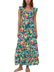 lot 31899 image: 2025 Womens Summer Boho Floral Maxi Dress with Pockets - A-Line Smocked Tiered Ruffle Sleeveless Beach Sun Dress (Green,S)