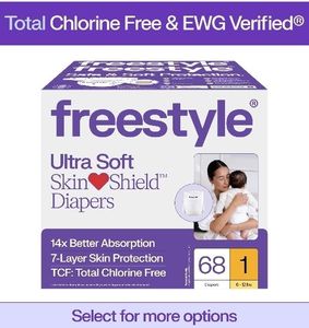 lot 31904 image: Freestyle Hyper Absorbent Ultra Soft TCF Baby Diapers, Size 1, 68 Count (Select for More)