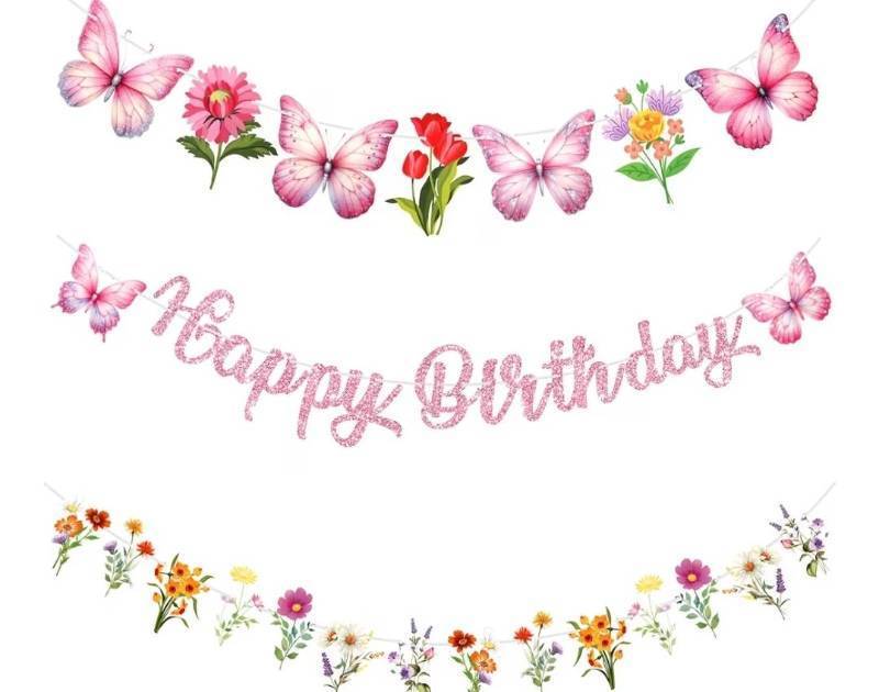 lot 23689 image: 3 Sets of 3 Pcs Wildflowers Happy Birthday Banners, Pink Wildflower Butterfly Party Decorations, Garland Flower Butterfly Theme Banners for Women Girl Birthday Baby Shower Party Decor Photo Booth Props