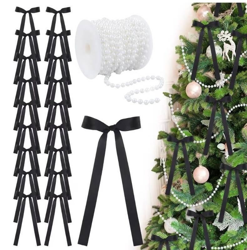 lot 23714 image: Jutom 24 Pcs Black Satin Bows for Christmas Tree Ribbon Bows Christmas Ornaments with 33 ft Faux Pearl Beads Vintage Rustic Decorations Crafts for Xmas Tree Wreath Door Garland Holiday, 3.94x7.87inch&nbsp