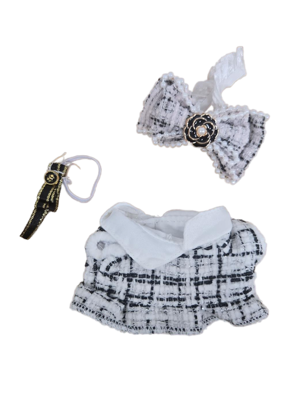 lot 23721 image: 2 Count KAPAND for Lububu Clothesfor Lububu Outfits, Luxury Elegant Outfit Set, White Plaid Tweed Dress, Black Necktie, Plaid Bow Accessories (No Doll)