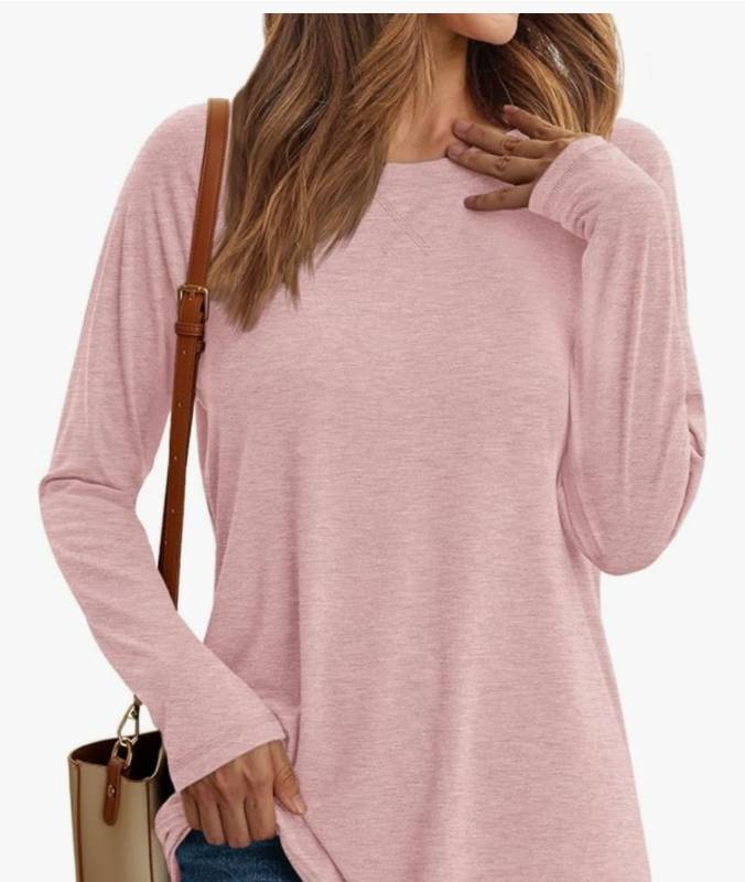 lot 23741 image: Womens Long Sleeve Shirts Fall Top Loose Fitted Crewneck- Pink L
