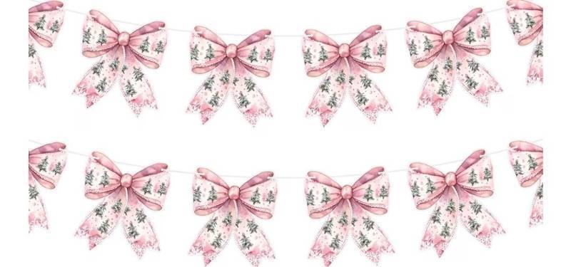 lot 23792 image: Oudain 4 Pack Pink Bow Christmas Garland Banner Pink Coquette Christmas Bow Hanging Bunting Banner Flags for Xmas Birthday Bridal Shower Wedding Engagement Bachelorette Girl Baby Shower Supplies