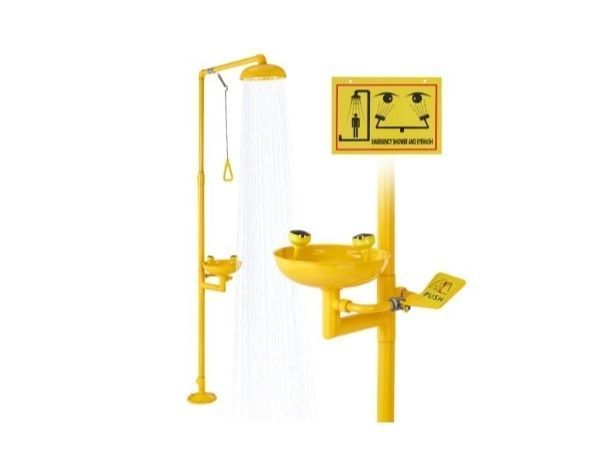 lot 30421 image: VEVOR Emergency Shower Eye Wash Station, 34.25 x 15.75 x 91.73 Inch 304 Stainless Steel Eyewash and Shower Combination, OSHA-Approved First Aid Eye Wash Station, for Schools, Labs, Factories, Yellow - Retail $192