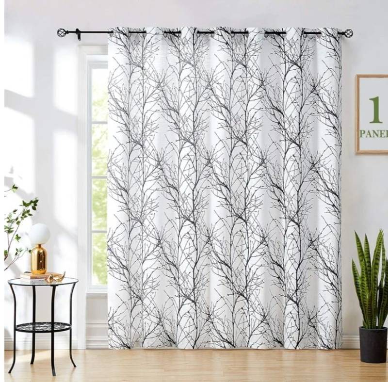 lot 31160 image: FMFUNCTEX Tree Print Semi Sheer Patio Door Curtain 96 Inches Black Branch White Sliding Door Curtains Extra Wide Privacy Glass Door Curtain, Linen Texture Curtains Grommet Top1 Panel - Retail $42