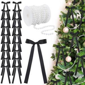 lot 686 image: 2 Sets Jutom 24 Pcs Black Satin Bows for Christmas Tree Ribbon Bows Christmas Ornaments with 33 ft Faux Pearl Beads 3.94x7.87inch