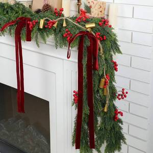 lot 720 image: 6ft Christmas Cedar Garlands with 12 Red Berries and 2 Claret Velvet Bows IndoorOutdoor