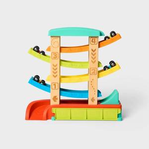 lot 2276 image: Wooden Race Car Ramp - 3pc -Gigglescape  Toy Vehicle Tracks, Wooden Truck Ramp, Car Track (Missing One Car)