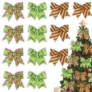 lot 7128 image: 12Pcs Christmas Ornaments Bows Christmas Tree Decorations Red Green 6 Large Wreaths Bows