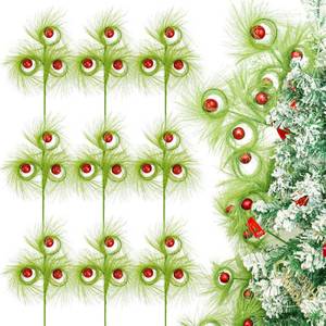 lot 7139 image: 9 Pieces Lime Green Furry Christmas Tree Topper Picks with Glitter Red Berry Balls