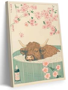lot 9122 image: 2 Count Japanese Bathroom Canvas Wall Art Funny Highland Cow in Bathtub Wall Decor Paintings Vintage Cute Cattle Humorous Animal Prints Aesthetic Pictures for Restroom Toilet Decoration 12x16 Inch Framed&nbsp