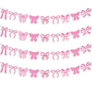 lot 9138 image: Pink Bow Garland Banner, 4Pcs Pink Bow Banner Bow Birthday Party Decorations