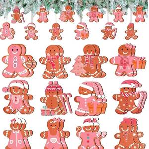 lot 9143 image: 24Pcs Pink Gingerbread Man Wood Ornaments