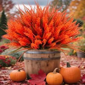 lot 31922 image: 48 Bundles Artificial Fall Flowers Outdoor Faux Lavender Flowers with Monkey Grass UV Resistant Plastic Faux Plants for Garden Porch Patio Home Decor, Autumn-red Color&nbsp