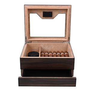 lot 31958 image: Cigar Humidor Box Features Cedar Wood Interior, Transparent Glass Lid, and Built-in Accessory Drawer for Optimal Humidity Regulation and Efficient Airflow.