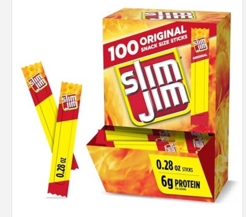 lot 1373 image: Slim Jim Smoked Meat Sticks, Original Flavor, 6g Protein per Serving, Snack Size, Camping Snack, 0.28 Oz. (100 Count)