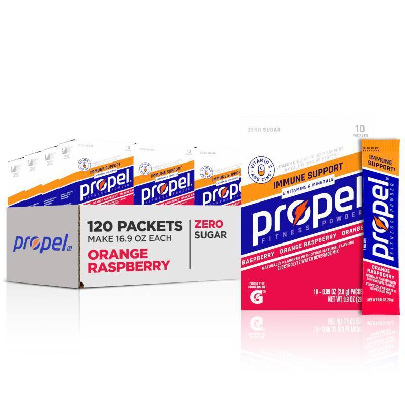 lot 31057 image: Propel Immune Support Electrolyte Enhanced Water Drink Mix Powder Packets, Orange Raspberry, 100% DV Vitamin C, Good source of Zinc, Zero Sugar Hydration with Electrolytes and Vitamins (120 Packets)