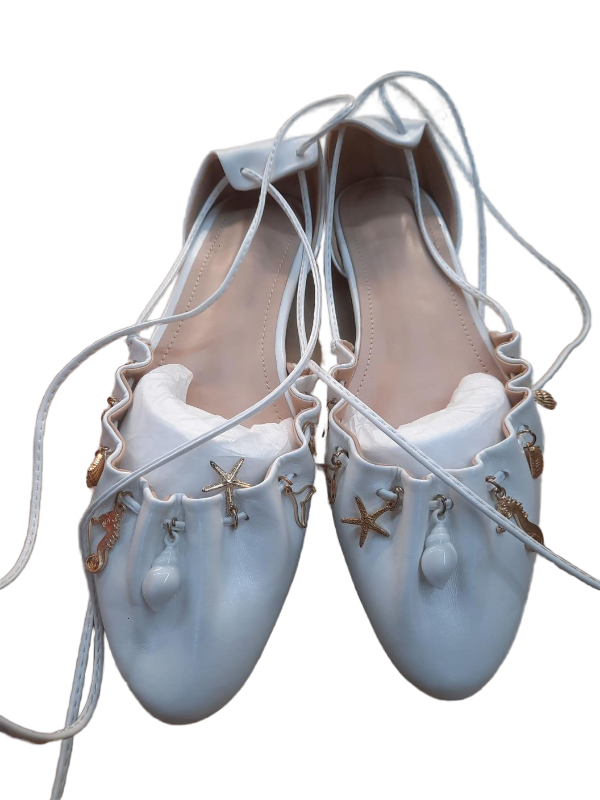 lot 1408 image: White Ballet Pointe Shoes with Seashell Charms, Size 10