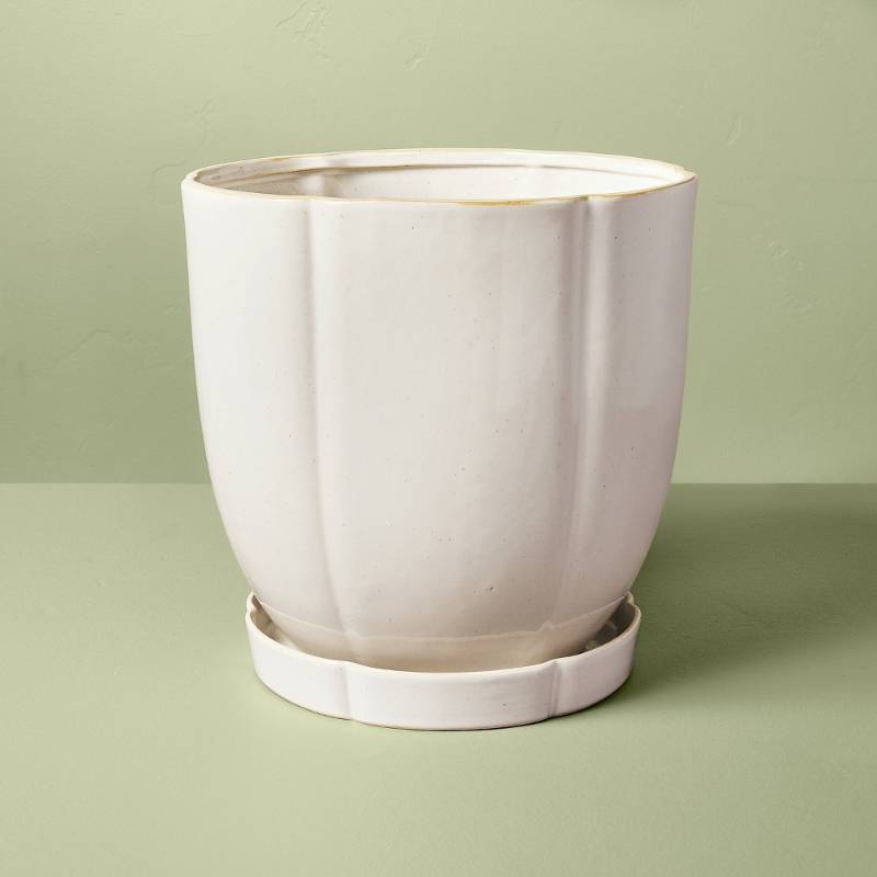 lot 30476 image: 11.25 Stoneware IndoorOutdoor Planter Pot with Saucer Cream - Hearth & Hand with Magnolia - Retail $50