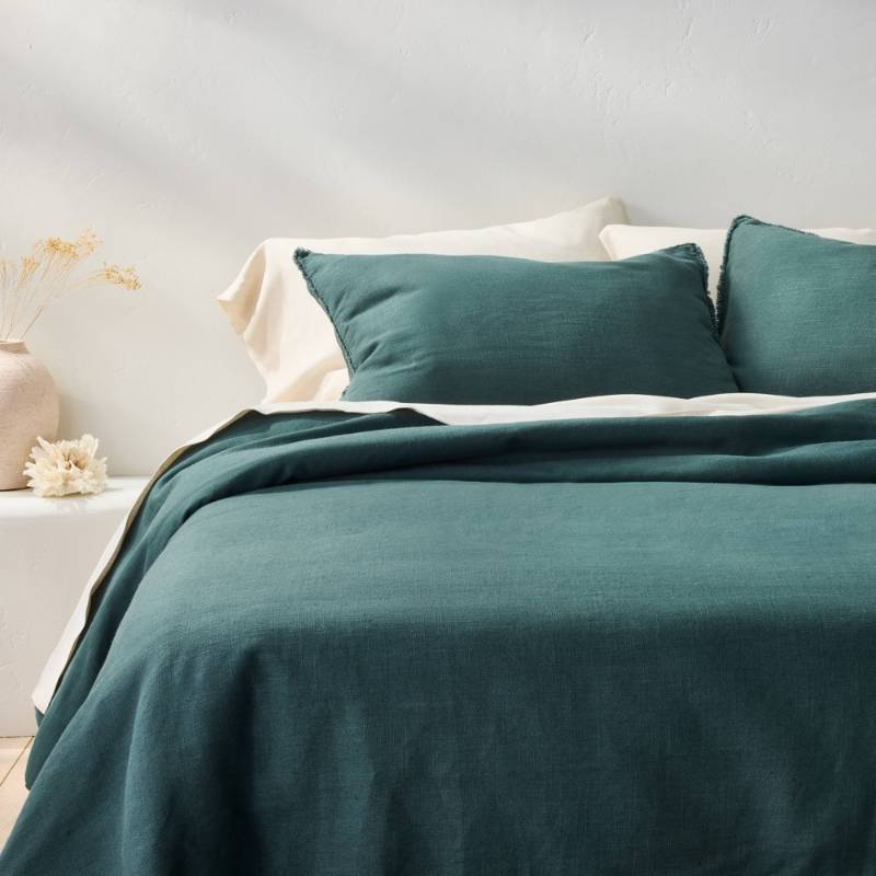 lot 30483 image: KingCalifornia King Heavyweight Linen Blend Comforter & Sham Set Dark Teal Blue - Casaluna Woven Rayon, Zipper Closure - Retail $169