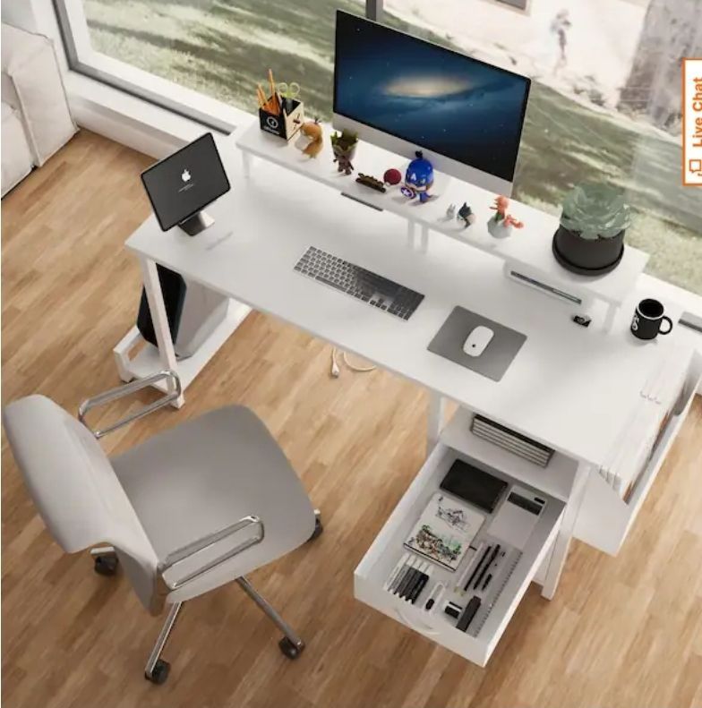 lot 30496 image: 47.3 in. Rectangular Black Computer Desk White 2-Drawer with Power Outlet Monitor Stands Shelves Side Pocket and Hooks - Retail $138