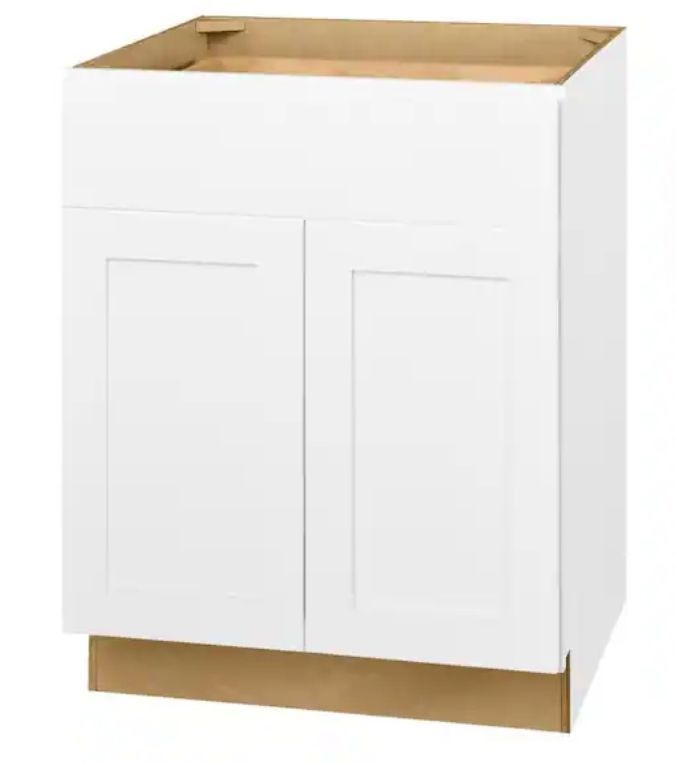 lot 30497 image: Avondale 27 in. W x 24 in. D x 34.5 in. H Ready to Assemble Plywood Shaker Base Kitchen Cabinet in Alpine White - Retail $320