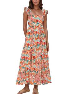 lot 4002 image: Womens Summer Boho Floral Maxi Dress with Pockets (Orange,L)