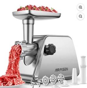 lot 4023 image: AIRMSEN Stainless Steel Meat Grinder, Electric 3 in 1 Meat Mincer with 2 Blades &amp 3 Plates, Sausage & Kubbe Maker Kit, Fixed Lock, Double Switch, Food Grinder for Home Kitchen Use