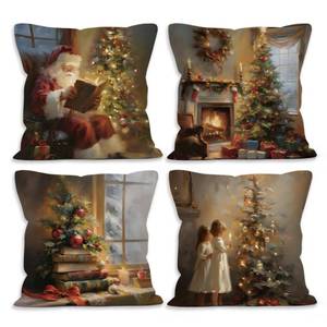 lot 7142 image: Vintage Christmas Tree Santa Claus Throw Pillow Covers 18x18 Set of 4