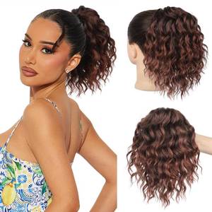 lot 9177 image: Ponytail Extension, 10 Short Curly Claw Clip Ponytail Extension Ombre Auburn