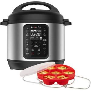lot 15030 image: Instant Pot 6qt 9-in-1 Pressure Cooker Bundle Exclusive Bonus Silicone Pan with Lid, Rice & Multi Cooker, Stainless Steel - Retail $140
