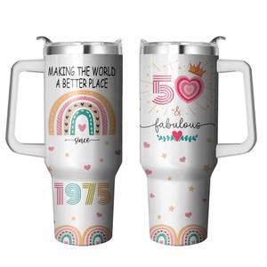 lot 31960 image: 50th Birthday Tumbler With Handle & Straw, 40 Oz Stainless Steel