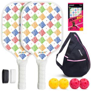 lot 31974 image: Pickleball Paddles Set of 2  Lightweight 7.5OZ Fiberglass Paddle  Includes Pickleball Balls (IndoorOutdoor), Grip Tapes & Bag  Rhombus Graphic Design