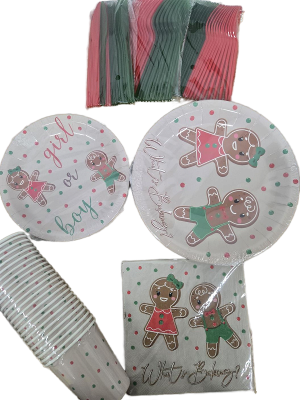 lot 23535 image: Christmas Gingerbread Gender Reveal Decorations, Gingerbread Boy Or Girl Theme Cookie Whats Baking Gender Reveal Party Supplies, Xmas Plate, Cup, Napkin, Disposable Cutlery, Serve 24
