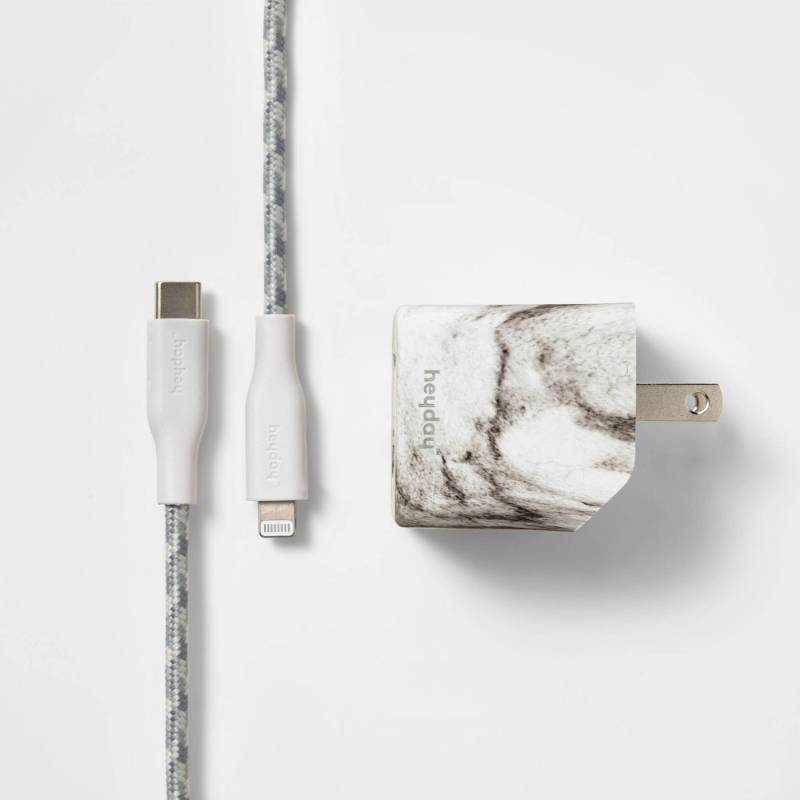 lot 30663 image: 6 Lightning to USB-C Power Delivery Home Charging Kit - heyday Marble USB Cable & Adapter