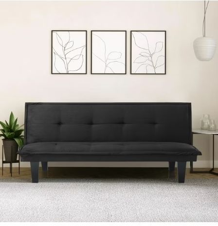 lot 2111 image: Modern Faux Suede Convertible Futon Sofa Bed,Upholstered Futon Couch with 3 Adjustable Backrest Angles, Suitable for Apartment,Living Room, Small Space, Black - Retail $98