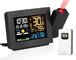 lot 820 image: Projection Alarm Clock, WWVB Atomic Projector Radio Control Clock for Bedroom Ceiling with Weather Station, Snooze, Outdoor Temperature Humidity Sensor, Dual Alarms, 180° Rotatable - Retail $84