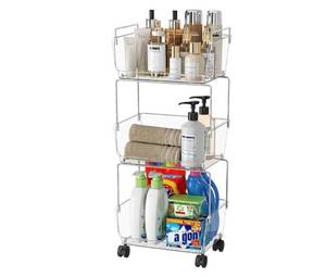 lot 4041 image: Delamu 3 Tier Rolling Cart for Kitchen, Bathroom, Office, Acrylic Utility Storage Carts with 2 Lockable Wheels, Ideal for Small Spaces, Pantry, Classroom, Makeup Organizer, Dorm Storage, Clear