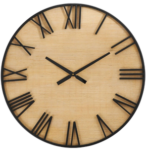 lot 834 image: 28x28 Wooden Wall Clock with Black Metal Numbers and Frame Light Brown - Olivia & May Silent Mechanism, Roman Numerals, Indoor Decor - Retail $82