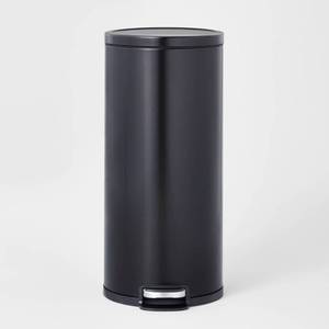 lot 4052 image: 30L Round Step Trash Can Black - Brightroom Stainless Steel Kitchen Trash Bin, Smooth Finish, Indoor Use