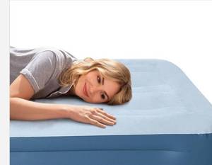 lot 16696 image: Intex Mid Rise Hexbeam 14 Electric Pump Queen Air Mattress - Dark Blue Denim IndoorOutdoor Use, Built-in Air Pump - Retail $75