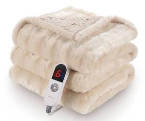 lot 828 image: MARNUR Electric Throw Blanket Extra Large Size, 50 x 60 Soft Faux Fur Heated Blanket, 6 Heating Levels, 4 Hours Timer - Beige WORKS